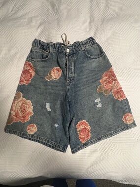 We The Free Floral Embroidered Denim Bermudas